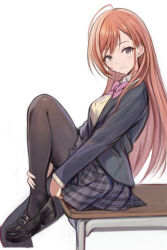 Rule 34 | 1girl, ahoge, arisugawa natsuha, black coat, black footwear, black pantyhose, black skirt, brown eyes, brown hair, cardigan, closed mouth, coat, commentary request, from side, idolmaster, idolmaster shiny colors, knee up, loafers, long hair, long sleeves, looking at viewer, nannacy7, on table, pantyhose, plaid, plaid skirt, school uniform, shoes, simple background, skirt, smile, solo, table, white background, yellow cardigan
