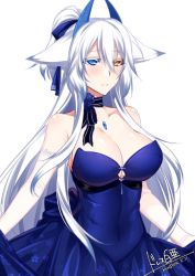 Rule 34 | 1girl, animal ears, black choker, blue dress, blue eyes, blue ribbon, breasts, choker, cleavage, commentary request, dated, dress, fox ears, hair ribbon, heterochromia, horns, konshin, large breasts, long hair, looking at viewer, orange eyes, original, parted lips, ribbon, signature, simple background, solo, very long hair, white background, white hair