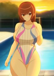 Rule 34 | 1girl, breasts, brown hair, competition swimsuit, dawn, dead or alive, dead or alive xtreme venus vacation, gians noby, highres, huge breasts, kasumi (doa), long hair, one-piece swimsuit, pool, sideboob, sunlight, swimsuit, water, wide hips
