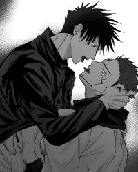 Rule 34 | 2boys, abs, black hair, clothes lift, commentary request, extra eyes, facial tattoo, french kiss, fushiguro megumi, fushirun rung, greyscale, hair between eyes, hand on another&#039;s head, high collar, highres, jacket, japanese clothes, jujutsu kaisen, kimono, kiss, long sleeves, looking at another, male focus, monochrome, multiple boys, ryoumen sukuna (jujutsu kaisen), saliva, saliva trail, scarf, school uniform, short hair, sideburns, spiked hair, tattoo, undercut, yaoi