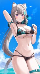 1girl :&lt; absurdres alternate_breast_size alternate_costume animal_ear_fluff animal_ears armpits arms_behind_head bikini black_bikini black_panties blue_sky blush bracelet breasts cat_ears cat_girl cat_tail cleavage cloud commentary cowboy_shot facial_tattoo genshin_impact grey_hair hand_up highres jewelry large_breasts long_hair looking_at_viewer lynette_(genshin_impact) midriff miruku_pan navel panties purple_eyes simple_bird sky solo star_(symbol) swimsuit tail tattoo thigh_strap thighs underboob underwear very_long_hair water