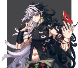 Rule 34 | 1boy, abs, alternate hairstyle, angellyuna, ashiya douman (fate), ashiya douman (second ascension) (fate), asymmetrical hair, bad id, bad pixiv id, bead bracelet, beads, black eyes, black hair, black nails, blush, border, bracelet, curly hair, earrings, fate/grand order, fate (series), grey background, grin, hair between eyes, hair intakes, highres, holding, holding weapon, jewelry, long hair, magatama, magatama earrings, male focus, midriff, multicolored hair, nail polish, official alternate costume, pectorals, pointing, pointing at self, revealing clothes, simple background, single bare shoulder, smile, split-color hair, toned, toned male, two-tone hair, very long fingernails, very long hair, weapon, white border, white hair