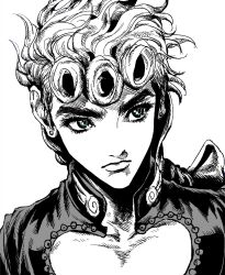 Rule 34 | blue eyes, braid, braided ponytail, cleavage cutout, closed mouth, clothing cutout, curly hair, ear piercing, giorno giovanna, heart cutout, highres, jacket, jojo no kimyou na bouken, long hair, my nameisyoon, piercing, pompadour, simple background, spot color, vento aureo