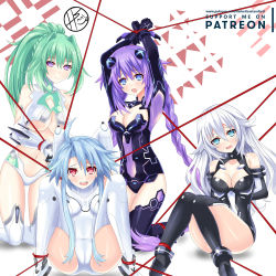 Rule 34 | 4girls, aqua eyes, arms up, bdsm, black heart (neptunia), blanc (neptunia), blue eyes, blue hair, blush, bodysuit, bondage, bound, braid, breasts, cameltoe, choujigen game neptune, cleavage, cleavage cutout, clothing cutout, collar, collarbone, cuffs, elbow gloves, embarrassed, full body, gloves, green hair, green heart (neptunia), hair between eyes, hair ornament, helvetica std, highres, large breasts, leotard, long hair, looking at viewer, medium breasts, midriff, multiple girls, naughty face, navel, neptune (neptunia), neptune (series), noire (neptunia), open mouth, ponytail, power symbol, power symbol-shaped pupils, purple hair, purple heart (neptunia), red eyes, revealing clothes, shiny clothes, shiny skin, short hair, short hair with long locks, sidelocks, sitting, smile, stomach, symbol-shaped pupils, thighhighs, twin braids, vert (neptunia), very long hair, white hair, white heart (neptunia)