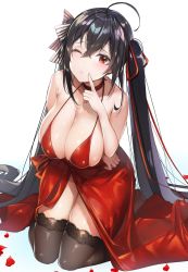 Rule 34 | 1girl, ahoge, arm under breasts, azur lane, bad id, bad twitter id, bare shoulders, black hair, blush, breasts, choker, cleavage, collarbone, dress, finger to face, hair between eyes, hair ornament, hair ribbon, halter dress, halterneck, highres, huge breasts, kneeling, large breasts, long hair, looking at viewer, official alternate costume, one eye closed, petals, red dress, red eyes, red ribbon, ribbon, simple background, skindentation, solo, strapless, taihou (azur lane), taihou (forbidden feast) (azur lane), thighhighs, twintails, very long hair, white background, yayoichi (yoruyoru108)
