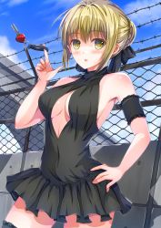 Rule 34 | 1girl, armband, artoria pendragon (alter swimsuit rider) (fate), artoria pendragon (alter swimsuit rider) (first ascension) (fate), artoria pendragon (fate), bad id, bad pixiv id, barbed wire, bare shoulders, black bow, black thighhighs, blonde hair, blue sky, blush, bow, breasts, bridge, brown hair, car keys, chain-link fence, cleavage, cleavage cutout, clothing cutout, covered navel, day, fate/grand order, fate (series), fence, hair bow, hand on own hip, highres, hoshimaemi, key, charm (object), large breasts, looking at viewer, outdoors, short hair, sky, solo, standing, thighhighs, yellow eyes