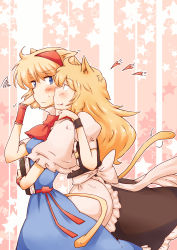 Rule 34 | 2girls, alice margatroid, animal ears, apron, bad id, bad pixiv id, black dress, blonde hair, blue dress, blue eyes, blush, book, hugging book, cat ears, cat tail, dress, hairband, heart, highres, holding, holding book, kemonomimi mode, kirisame marisa, licking lips, multiple girls, non (z-art), hugging object, puffy sleeves, sash, short sleeves, smile, squiggle, star (symbol), tail, tongue, tongue out, touhou, waist apron