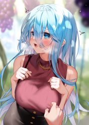 Rule 34 | 1girl, 1other, :o, blue eyes, blue hair, blurry, blurry background, blush, braid, breast suppress, breasts, chain, chain necklace, chihiro (khorosho), commentary, covered erect nipples, embarrassed, fingernails, hair between eyes, hair intakes, heavy breathing, jewelry, large breasts, light blue hair, long bangs, long hair, looking at viewer, necklace, nipple stimulation, nipple tweak, original, outdoors, red sweater, ribbed sweater, sleeveless, sleeveless sweater, solo focus, sweater, through clothes, trembling
