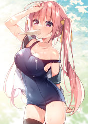 Rule 34 | 1girl, arm up, bare shoulders, black sailor collar, black thighhighs, blue one-piece swimsuit, bow, breasts, cleavage, collarbone, commentary request, covered navel, food, food in mouth, hair between eyes, hair bow, hanamiya natsuka, hot, ice cream, large breasts, long hair, old school swimsuit, one-piece swimsuit, original, pink hair, purple eyes, sailor collar, school swimsuit, school uniform, serafuku, shirt, solo, strap slip, sweat, swimsuit, swimsuit under clothes, thighhighs, twintails, very long hair, white shirt, yellow bow