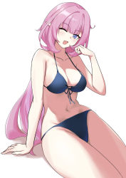 Rule 34 | 1girl, :d, absurdres, bikini, black bikini, blue eyes, breasts, cleavage, collarbone, elf, elysia (honkai impact), highres, honkai (series), honkai impact 3rd, leticia, navel, one eye closed, open mouth, pink hair, pointy ears, ponytail, shadow, simple background, sitting, smile, solo, swimsuit, white background