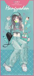 Rule 34 | 1girl, absurdres, akakura, artist name, bag, baggy clothes, baggy pants, bare shoulders, bottle, brown hair, character name, chewing gum, copyright name, cross-laced clothes, food, full body, green headwear, green pants, green shirt, hangyodon, headphones, highres, holding, holding stuffed toy, ice cream, long hair, long sleeves, looking at viewer, navel, off shoulder, pants, pink eyes, revealing clothes, sanrio, shirt, shoes, sitting, solo, stuffed toy, turtleneck, white footwear