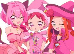 Rule 34 | 3girls, :o, ;d, animal ears, arm garter, blush, breasts, cape, cat ears, cat tail, chocolat meilleure, choker, cleavage, crossover, dodo (ojamajo doremi), dress, fang, frilled choker, frills, gloves, hat, large breasts, looking at viewer, mew ichigo, mizumi (mizmi), momomiya ichigo, multiple girls, ojamajo doremi, one eye closed, open mouth, orange hair, pink cape, pink dress, pink gloves, pink hair, pink theme, red hair, smile, strapless, strapless dress, sugar sugar rune, tail, tokyo mew mew, upper body, wand, witch hat
