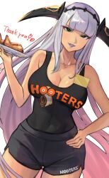 Rule 34 | 1girl, bare shoulders, black shirt, black shorts, breasts, chicken wing, cleavage, commission, company name, covered navel, cowboy shot, dark-skinned female, dark skin, employee uniform, english text, fire emblem, fire emblem cipher, fire emblem echoes: shadows of valentia, hand on own hip, headband, highres, holding, hooters, horn ornament, horns, large breasts, lips, long hair, looking at viewer, makeup, mature female, nintendo, no legwear, open mouth, print tank top, r123, shade (fire emblem), shirt, short shorts, shorts, smile, solo, tank top, thighs, uniform, very long hair, waitress, white background, white hair
