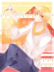 Rule 34 | 1boy, alcohol, blonde hair, earrings, fate/stay night, fate/zero, fate (series), gilgamesh (fate), highres, jewelry, m-1ng, male focus, red eyes, short hair, solo, wine