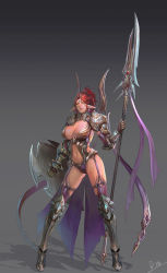 Rule 34 | 1girl, armor, armored boots, bad id, bad pixiv id, bikini armor, boots, breasts, cape, cleavage, clenched hand, contrapposto, earrings, elf, full body, garter straps, gauntlets, gorget, gradient background, greaves, grey background, high ponytail, holding, holding weapon, huge breasts, jewelry, left-handed, legs apart, looking at viewer, navel, original, panties, parted lips, pauldrons, pointy ears, polearm, ponytail, purple panties, purple thighhighs, red hair, shadow, shield, shoulder armor, signature, smjim1986, solo, standing, thighhighs, thighs, underwear, weapon, yellow eyes
