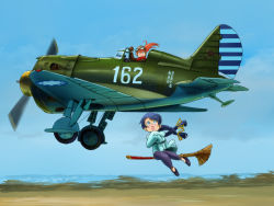 Rule 34 | 2girls, aircraft, airplane, blue hair, broom, broom riding, chinese clothes, commentary, day, flying, glasses, goggles, inui (jt1116), long hair, military, multiple girls, open mouth, original, outdoors, polikarpov i-16, sidesaddle, sky, smile, twintails, vehicle focus, world war ii