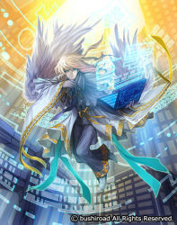 Rule 34 | 10s, 1boy, angel, blonde hair, blue eyes, cardfight!! vanguard, coat, company name, computer, feathers, full body, gloves, long hair, male focus, moreshan, official art, scheduler angel, solo
