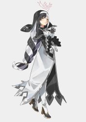 Rule 34 | 1girl, absurdres, black hair, coif, commission, deitaku, dress, habit, halo, headband, high heels, highres, long dress, long hair, multicolored hair, nun, original, own hands clasped, own hands together, solo, two-tone hair, very long hair, violet (ac8231), white background, white hair, white headband