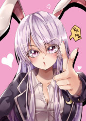 Rule 34 | 1girl, absurdres, animal ears, bang (gesture), black jacket, blazer, blush, breasts, cleavage, crescent, crescent pin, finger gun, hand up, heart, highres, jacket, light purple hair, long hair, looking at viewer, mahoro (minase mahoro), medium breasts, open mouth, pink background, pointing, pointing at viewer, purple eyes, purple hair, rabbit ears, rabbit girl, red eyes, reisen udongein inaba, shirt, solo, touhou, upper body, very long hair, white shirt