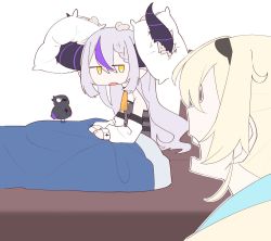 Rule 34 | 2girls, bare shoulders, bed, bird, blonde hair, crow, crow (la+ darknesss), detached sleeves, grey hair, highres, hololive, horns, impaled, kazama iroha, la+ darknesss, long hair, multiple girls, pillow, pointy ears, virtual youtuber, waking up, yellow eyes