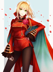 Rule 34 | 1girl, ahoge, black pantyhose, blonde hair, blue background, bow, cape, closed mouth, contrapposto, fate/extra, fate (series), green eyes, hair bow, hair intakes, hand on own hip, highres, pantyhose under shorts, long hair, nero claudius (fate), nero claudius (fate) (all), pantyhose, petals, red bow, red cape, red shorts, sapphirez39, short shorts, shorts, side slit, side slit shorts, sleeves past wrists, smile, solo, standing