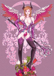 Rule 34 | 1girl, bad id, bad pixiv id, bare shoulders, breasts, brown hair, cleavage, demon girl, flower, halterneck, hand on own hip, heart, hip focus, horns, kusagami style, large breasts, lips, long hair, original, pink eyes, solo, staff, standing, thighhighs, wings