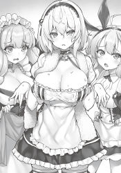 Rule 34 | 3girls, azur lane, breasts, cleavage, collarbone, gloves, greyscale, hairband, highres, kent (azur lane), large breasts, long hair, looking away, monochrome, multiple girls, novel illustration, official art, open mouth, parted lips, raiou, short hair, sirius (azur lane), suffolk (azur lane), thighhighs, wavy mouth