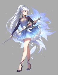 Rule 34 | 1girl, blue eyes, breasts, cleavage cutout, clothing cutout, commentary, dress, earrings, ein lee, flower, full body, grey background, hair ornament, high heels, holding, holding sword, holding weapon, jewelry, legs, lily (flower), long hair, long sleeves, official art, ponytail, rapier, rwby, small breasts, solo, standing, sword, textless version, very long hair, weapon, weiss schnee, white hair