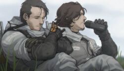 Rule 34 | 2boys, black gloves, black hair, bottle, brown hair, bug, butterfly, closed mouth, crossed arms, day, death stranding, drinking, facial hair, gloves, gun, hamms hamss, higgs (death stranding), highres, holding, holding bottle, insect, male focus, multiple boys, orange butterfly, outdoors, sam porter bridges, short hair, sitting, sky, sleeping, sleeping upright, spacesuit, weapon, weapon on back
