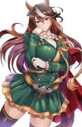 Rule 34 | 1girl, aiguillette, animal ears, ascot, belt, black thighhighs, blush, breasts, brown hair, dress, earrings, green dress, horse ears, horse girl, horse tail, jewelry, kumakichi (cost-lost), large breasts, long hair, long sleeves, looking at viewer, multicolored hair, purple eyes, simple background, smile, solo, streaked hair, symboli rudolf (umamusume), tail, thighhighs, thighs, umamusume, white background