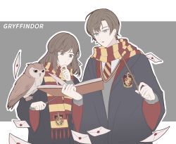 Rule 34 | 1boy, 1girl, artem wing (tears of themis), bird, black robe, blue eyes, book, brown hair, closed mouth, crossover, green eyes, grey vest, gryffindor, harry potter (series), highres, holding, holding book, holding wand, long hair, long sleeves, mail, necktie, open mouth, owl, red necktie, red scarf, robe, rosa (tears of themis), scarf, short hair, tears of themis, vest, wand, wizarding world, yingchuan981