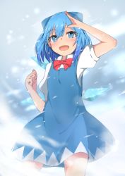 Rule 34 | 1girl, arms up, blue dress, blue eyes, blue hair, bow, bowtie, bright pupils, cirno, clenched hand, commentary request, contrapposto, cowboy shot, dress, fang, grey background, hair between eyes, hair bow, hand on own forehead, highres, looking at viewer, mizune (winter), open mouth, pinafore dress, puffy short sleeves, puffy sleeves, red bow, red bowtie, shirt, short hair, short sleeves, simple background, skin fang, sleeveless dress, snowing, solo, standing, thick eyebrows, touhou, white pupils, white shirt, wings