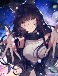 Rule 34 | 1girl, black bow, black hair, blake belladonna, bow, closed mouth, ecru, floating hair, hair bow, long hair, midriff, navel, outstretched arms, outstretched hand, reaching, reaching towards viewer, rwby, signature, solo, stomach, upper body, very long hair, yellow eyes