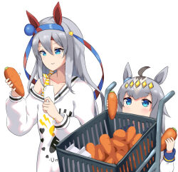 Rule 34 | 2girls, ahoge, alternate height, animal ears, blue eyes, blue hairband, carrot, closed mouth, commentary request, ear covers, ear ornament, food, grey hair, hair between eyes, hair ornament, hairband, headband, height difference, highres, holding, holding food, horse ears, horse girl, long hair, long sleeves, multicolored hair, multiple girls, off-shoulder sweater, off shoulder, official alternate costume, oguri cap (umamusume), receipt, red headband, sawara noa, shirt, shopping cart, simple background, single bare shoulder, streaked hair, sweater, tamamo cross (umamusume), umamusume, white background, white shirt