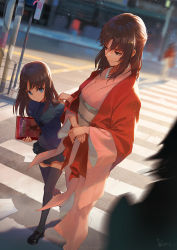Rule 34 | 2girls, bad id, bad pixiv id, big.c, black footwear, black legwear, black skirt, blue eyes, book, breasts, brown hair, carrying, carrying under arm, character request, child, closed mouth, commentary request, copyright request, crosswalk, day, dutch angle, fate/grand order, fate (series), half updo, holding, holding book, japanese clothes, jewelry, kara no kyoukai, kimono, leaning forward, loafers, locked arms, long hair, long sleeves, looking at another, looking at viewer, medium breasts, medium hair, miniskirt, mother and daughter, motion blur, multiple girls, necklace, out of frame, outdoors, own hands together, pendant, pink kimono, pleated skirt, puckered lips, puffy short sleeves, puffy sleeves, railing, road, ryougi mana, ryougi shiki, shawl, shoes, short sleeves, skirt, small breasts, smile, standing, street, thighhighs, walking, zettai ryouiki