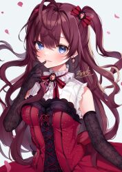 Rule 34 | 1girl, ahoge, black gloves, blue eyes, blush, breasts, brooch, cross-laced clothes, dress, elbow gloves, falling petals, finger to mouth, gloves, highres, ichinose shiki, idolmaster, idolmaster cinderella girls, jewelry, long hair, looking at viewer, medium breasts, neck ribbon, petals, purple hair, red dress, red ribbon, ribbon, sasakichi (ssk chi), signature, simple background, sleeveless, sleeveless dress, solo, two side up, very long hair, white background