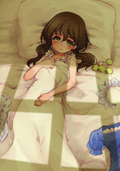 Rule 34 | 1girl, arcana heart, bare arms, bare shoulders, bed, bed sheet, blanket, blush, brown hair, fiona mayfield, frills, green eyes, hairband, long hair, looking at viewer, lying, no pupils, on back, on bed, original, pillow, senkyoushi gondolf, shadow, sheet grab, solo, tareme, twintails, under covers, unworn clothes, unworn hairband, unworn headwear
