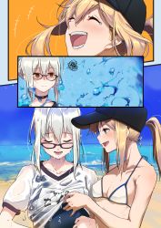 Rule 34 | 2girls, absurdres, ahoge, artoria pendragon (fate), baseball cap, beach, blonde hair, blue eyes, blue sky, blush, border, braid, day, fate/grand order, fate (series), from behind, glasses, grey hair, hair between eyes, hat, highres, huge filesize, looking at viewer, looking back, multiple girls, mysterious heroine x alter (fate), mysterious heroine x alter (second ascension) (fate), ocean, open mouth, sky, suppa (hagakuresuppa), wet, yellow eyes