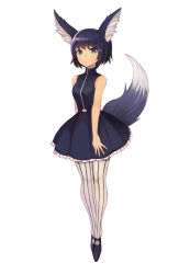 Rule 34 | 1girl, animal ears, arms at sides, bad id, bad pixiv id, bare shoulders, black dress, black hair, blush, closed mouth, commission, dress, fox ears, fox tail, full body, highres, looking at viewer, original, pantyhose, simple background, sleeveless, sleeveless dress, solo, sookmo, striped clothes, striped pantyhose, tail, vertical-striped clothes, vertical-striped pantyhose, white background, white pantyhose