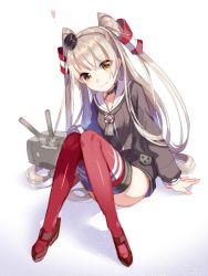Rule 34 | 1girl, amatsukaze (kancolle), arm support, black shirt, collarbone, full body, hair between eyes, hair tubes, head tilt, kantai collection, long hair, looking at viewer, red thighhighs, rensouhou-kun, shiny clothes, shirt, silver hair, simple background, sitting, smile, solo, thighhighs, very long hair, white background, yellow eyes, yusano