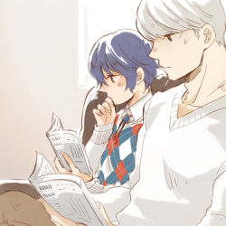Rule 34 | 1boy, 1girl, alternate costume, androgynous, blue eyes, blue hair, book, chanosuke, couch, grey eyes, grey hair, hand on own face, narukami yuu, open book, persona, persona 4, reading, reverse trap, shirogane naoto, short hair, sitting, sweater