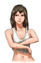 Rule 34 | 1girl, bare shoulders, breasts, brown eyes, brown hair, collarbone, commentary, english commentary, highres, lips, long hair, midriff, navel, nose, original, ribbed tank top, simple background, small breasts, solo, tank top, tudou jun, undressing, upper body, white background, white tank top