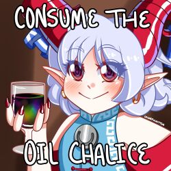 Rule 34 | 1girl, blue dress, blurry, blurry background, blush, closed mouth, colorfulkitten, commentary, crude oil, cum chalice (meme), cup, curled horns, detached sleeves, dress, drinking glass, earrings, english commentary, english text, fingernails, grey hair, holding, holding cup, horns, image macro (meme), jewelry, looking at viewer, meandros, medium bangs, meme, patterned clothing, pointy ears, red eyes, red horns, red nails, red sleeves, ringed eyes, sharp fingernails, sheep horns, short hair, smile, solo, touhou, toutetsu yuuma, upper body, wine glass