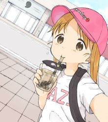 Rule 34 | 1girl, :t, baseball cap, black bag, brown eyes, bubble tea, clothes writing, cup, disposable cup, drink, drinking, drinking straw, hat, highres, holding, holding cup, ichigo mashimaro, looking at viewer, matsuoka miu, nanoningen (anapoko), orange hair, outdoors, parted bangs, pink hat, selfie, solo, twintails