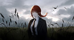 Rule 34 | 1girl, arms at sides, bad id, bad pixiv id, belt, bird, black jacket, black necktie, black pants, black suit, blood, blood on clothes, braid, braided ponytail, chainsaw man, cloud, cloudy sky, collared shirt, day, expressionless, field, floating hair, formal, grass, grey sky, hama m, highres, jacket, looking at viewer, low ponytail, makima (chainsaw man), medium hair, motion blur, necktie, outdoors, pants, red hair, ringed eyes, scenery, shirt, silhouette, single braid, sky, solo, standing, suit, upper body, wheat field, white shirt, yellow eyes