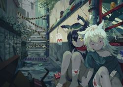 Rule 34 | 2girls, aged down, animal ears, arknights, bandaged arm, bandaged leg, bandages, bare shoulders, black hair, blood, can, commentary request, food, frown, green shirt, hair between eyes, highres, homeless, lappland (arknights), looking at viewer, material growth, multiple girls, off-shoulder shirt, off shoulder, oripathy lesion (arknights), pocky, road, scar, scar across eye, scar on face, shirt, sleeping, street, texas (arknights), torn clothes, trash bag, trash can, wangxiii, wanted, white hair, yellow eyes