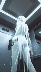 Rule 34 | 1girl, absurdres, artist name, ass, chromatic aberration, colored skin, commentary, elevator, english commentary, english text, faiz azhar, feet out of frame, from behind, from below, gun, highres, holding, holding gun, holding weapon, indoors, long hair, original, solo, weapon, weapon request, white skin