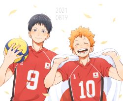 Rule 34 | 2021, 2boys, ball, black hair, blue eyes, closed mouth, commentary request, dated, facing viewer, feathers, flag, haikyuu!!, hinata shouyou, holding, holding ball, holding flag, kageyama tobio, laugh 111, looking at viewer, male focus, multiple boys, open mouth, orange hair, short hair, smile, sportswear, teeth, volleyball, volleyball (object), volleyball uniform