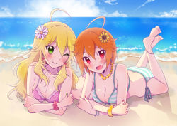 Rule 34 | 10s, 2girls, ass, beach, bikini, blonde hair, blush, breasts, brown hair, cleavage, day, flower, green eyes, hair flower, hair ornament, hoshii miki, ibuki tsubasa, idolmaster, idolmaster (classic), idolmaster million live!, long hair, looking at viewer, lying, medium breasts, multiple girls, naju soreiyu, on stomach, one eye closed, open mouth, outdoors, red eyes, sand, short hair, smile, striped bikini, striped clothes, swimsuit, water, wink