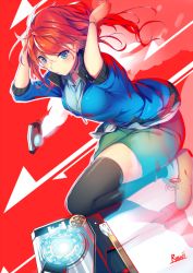 Rule 34 | 1girl, arms behind head, arms up, arrow (projectile), black thighhighs, blue eyes, blue jacket, blue shirt, blush, bracelet, brown footwear, full body, green shorts, hiwatari makoto, jacket, jewelry, machinery, original, parted lips, red background, red hair, ryuji (ikeriu), shirt, shoes, shorts, simple background, solo, thighhighs, zipper